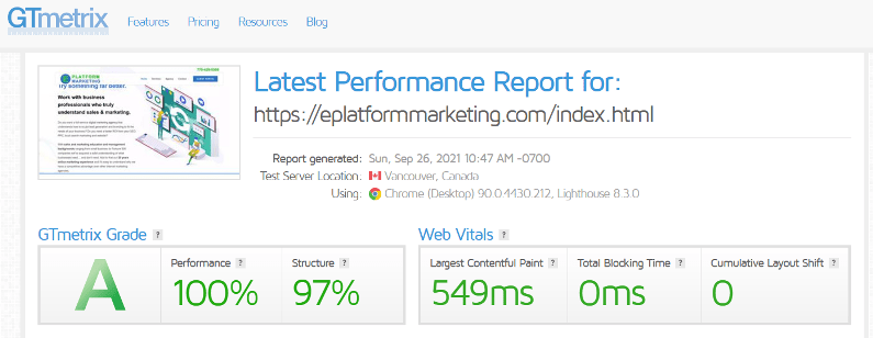 GT Metrix Performance Calculator screenshot for a website rated A with a performance score of 100%.