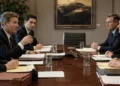 Attorneys in conference room litigating high-stakes e platform lawsuits